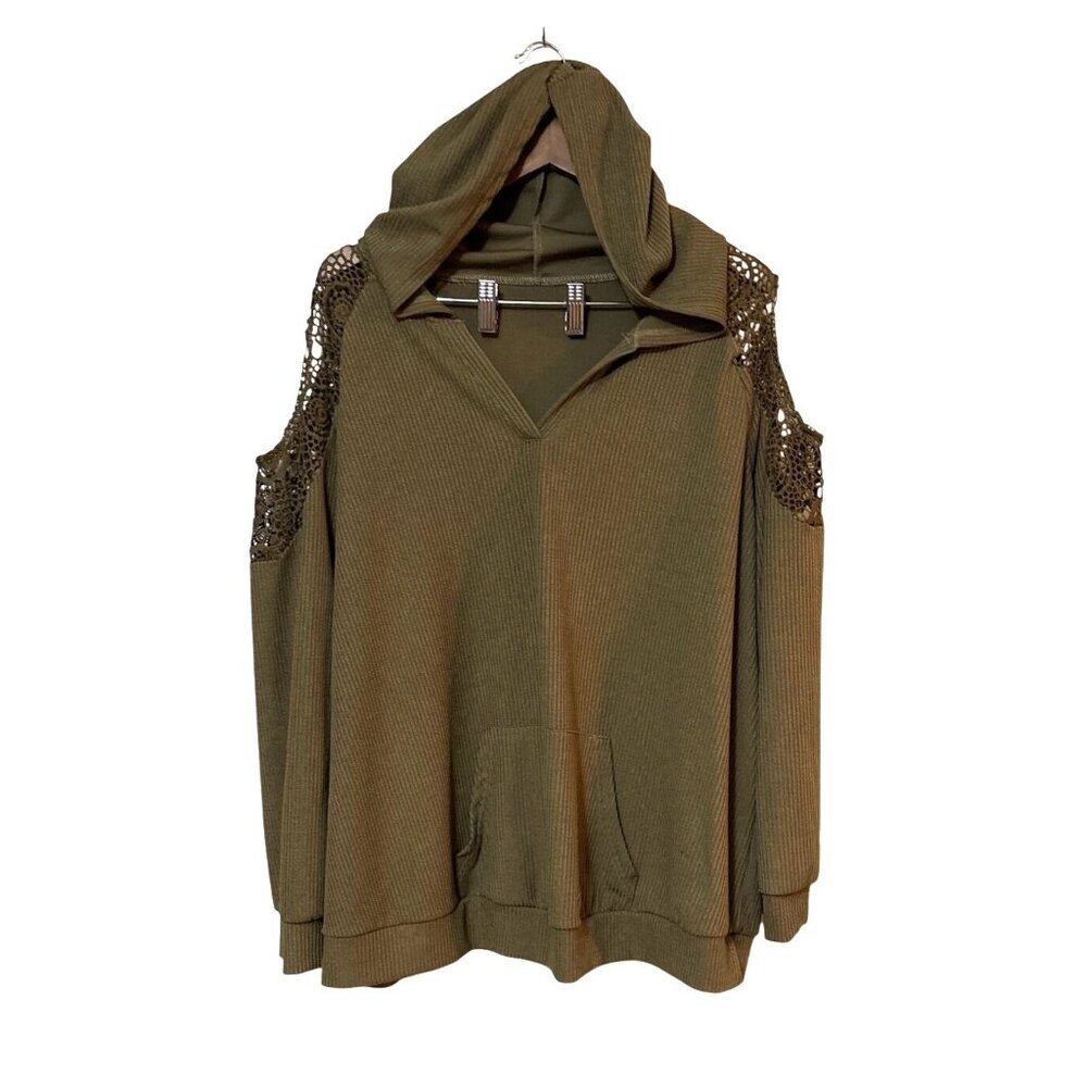 Shein Curve 3XL Olive Green Cold Shoulder Hoodie With Lace Trim & Front Pocket